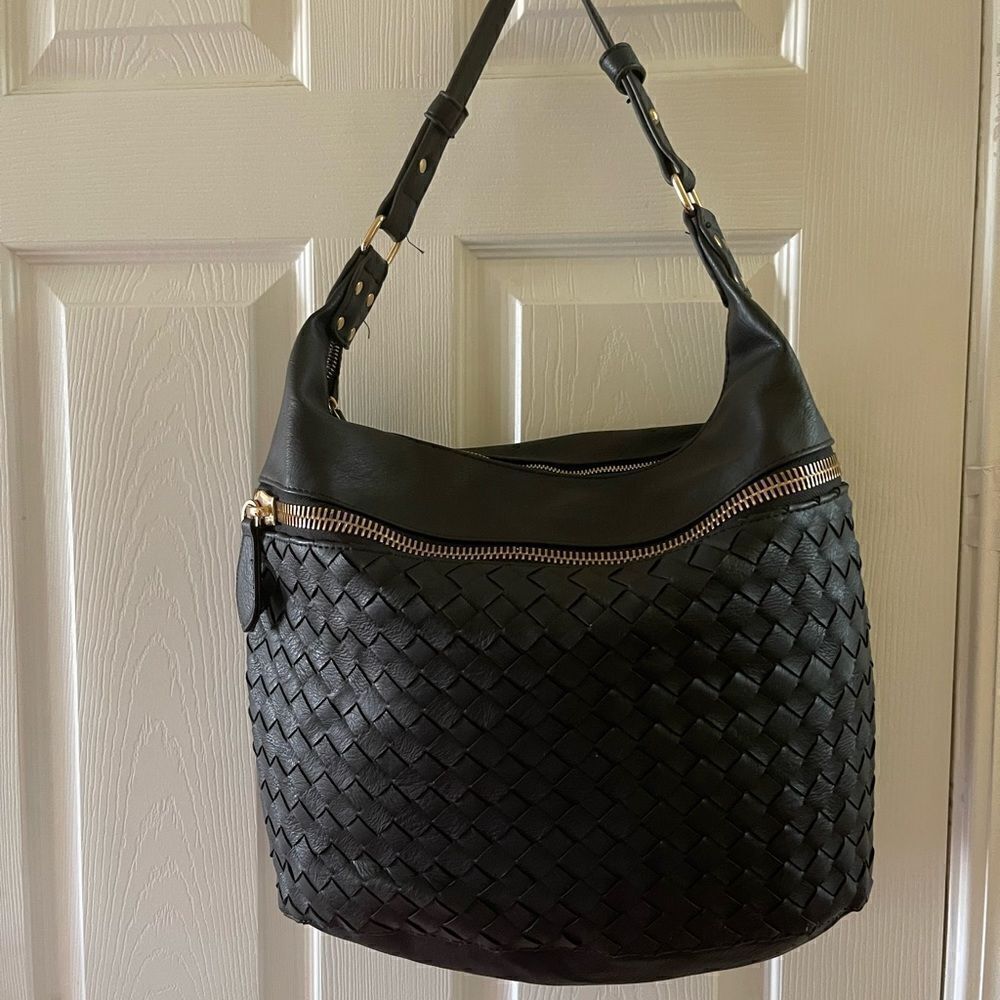 Madison West black faux leather basket weave large hobo bag gold tone hardwares